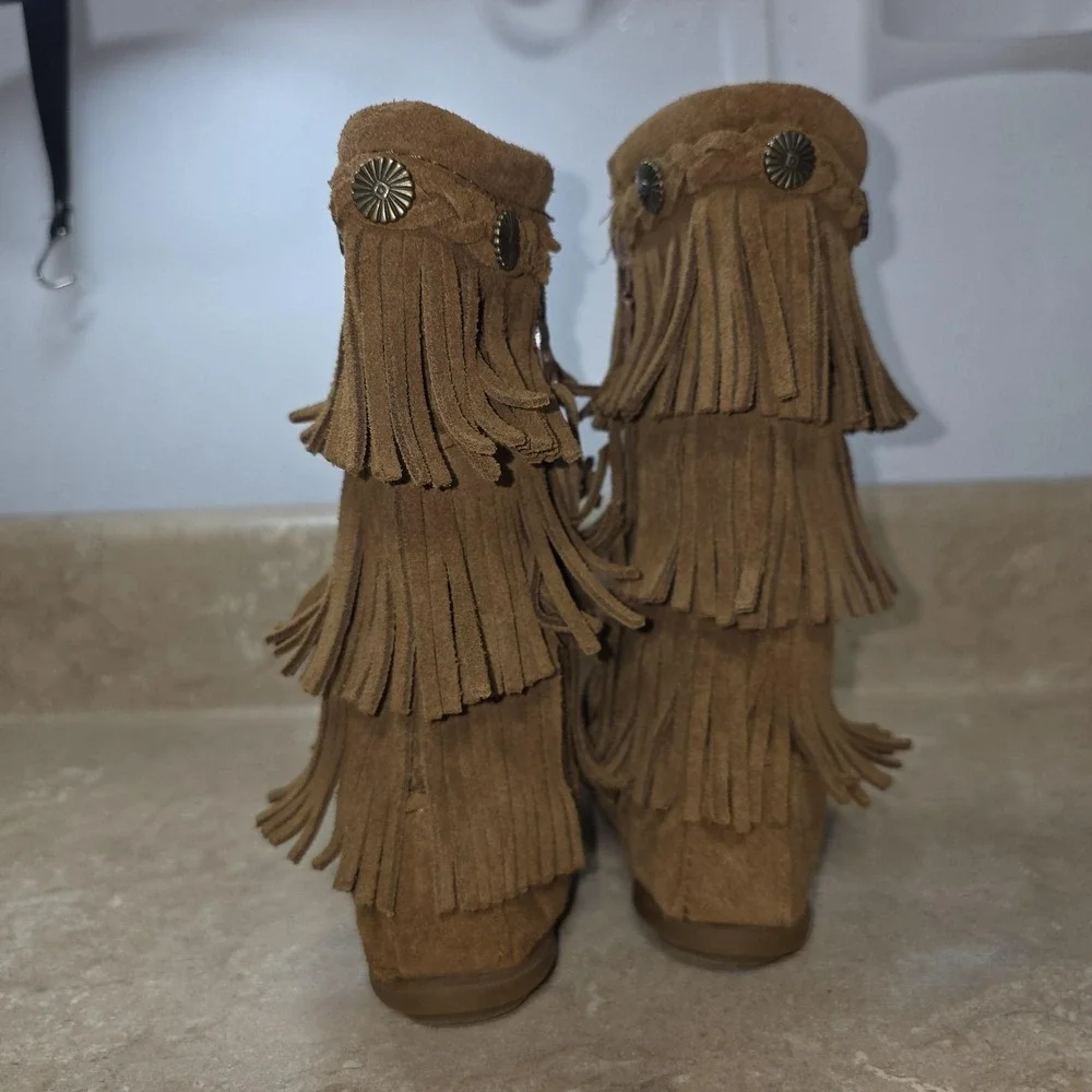 Minnetonka Fringe Boots Girls 8 Brown Suede 3 Layer Western Tall Zip Moccasin